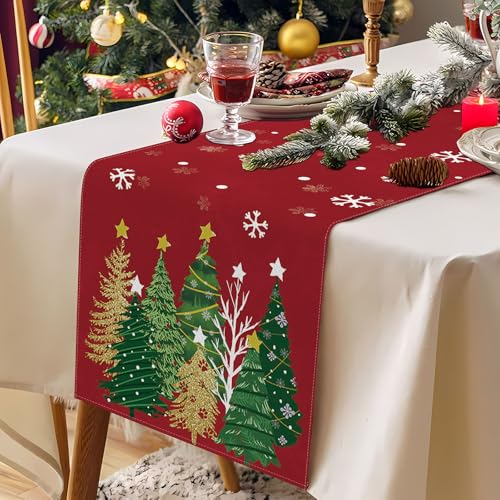 Moutina Christmas Table Runner 13x36 Inch Red Snowflakes & Pine Trees Seasonal Decor