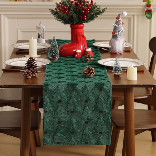WKJZH Green Christmas Tree Table Runner 13x48 Inch Faux Plush Jacquard Seasonal Decor