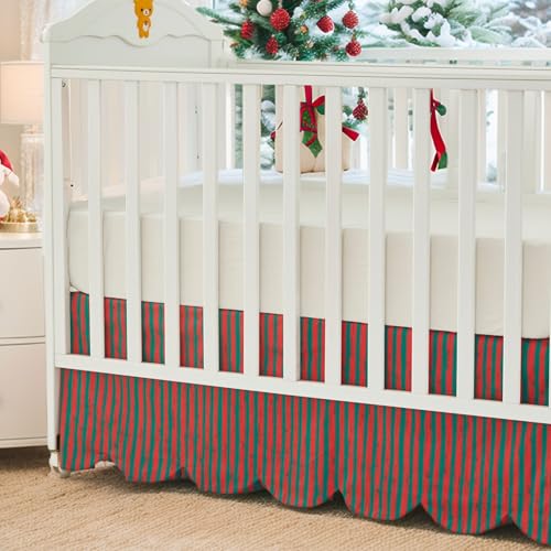 Brandream Red & Green Stripes Cotton Crib Skirt with Scallop Edges Holiday Nursery Bedding