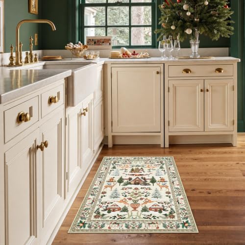 Jinchan Cabin Tales Beige 2x3 Christmas Rug for Entryway & Kitchen, Washable Holiday Decor