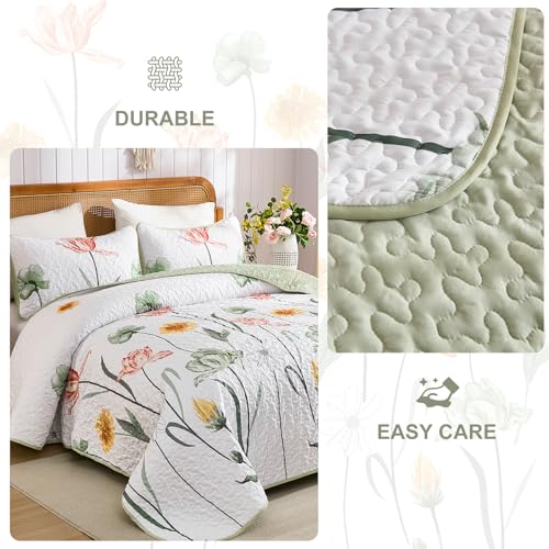 Sage Green Floral Quilt Set - Full Size 3-Piece Bedspread Coverlet Set