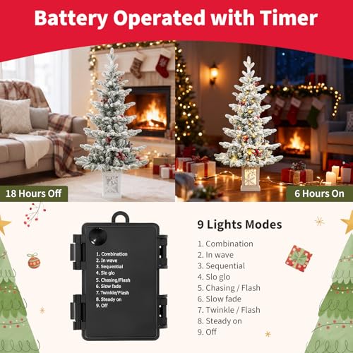iphlitlvz 2-Pack 3.5ft Snow Flocked Pre-Lit Christmas Tree with Snowflake Base, Battery Operated & Auto Timer
