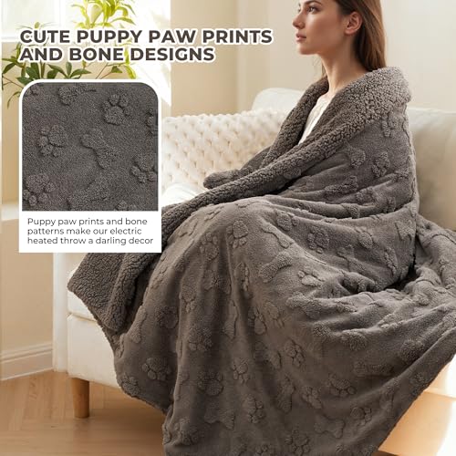 Heated Throw Blanket 50x72 Inch with Paw Print, Sherpa Fleece Electric Blanket