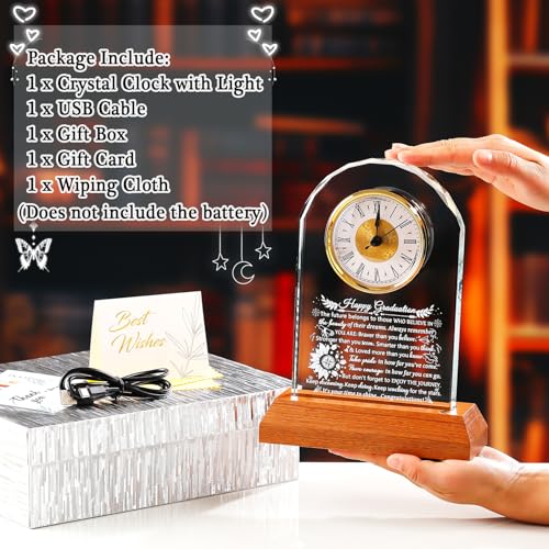 Graduation Keepsake Crystal Clock with LED Wooden Base, 9-Inch