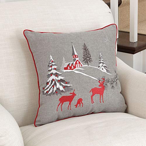 Pillow Perfect Christmas Scene Throw Pillow 16.5" Grey with Reindeer & Church
