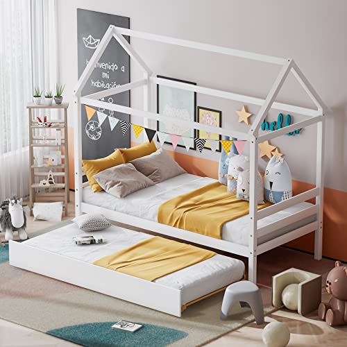Twin Size House Bed with Trundle, Solid Wood Kids Platform Bed Frame