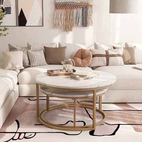 Modern Round Nesting Coffee Table Set of 2, Faux Marble Top with Gold Frame