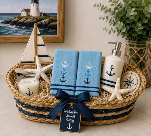 Coastal Nautical Fingertip Towels - 100% Cotton Embroidered Anchors, Set of 2