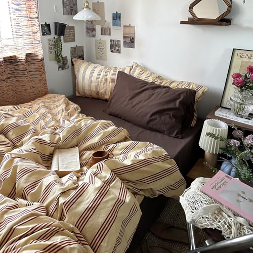 Retro Striped Cotton Duvet Cover Set Queen - 3-Piece Vintage Red Bedding