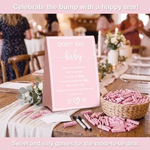 Don't Say Baby Shower Game Set with 52 Pink Clothespins and Sign