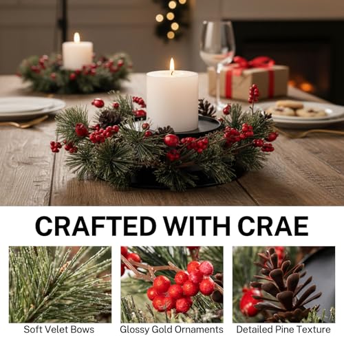 MOYEE Pine Needle Wreath 14-Inch Candle Holder, Black Metal Christmas Centerpiece
