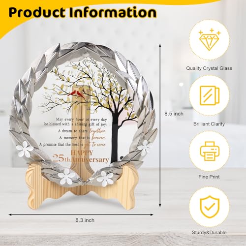 25th Wedding Anniversary Crystal Plaque with Gold Leaf Wreath Stand