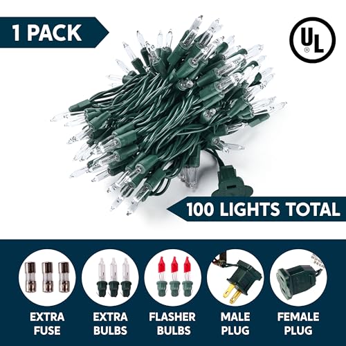 100 Count Clear Mini Christmas String Lights, 19.4 ft Green Wire Fairy Lights