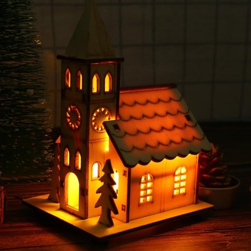 BESPORTBLE Christmas Village House - LED Light-Up Rustic Church Ornament | Beige Mini Building Decor