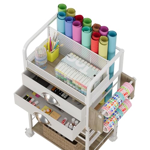 Rolling Wrapping Paper Storage Cart with Drawers and Wheels White