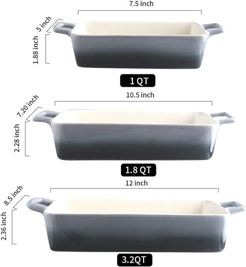 KOOV Bakeware Set - Ceramic Baking Dish Set with Rectangular Pans for Daily Use | 3-Piece, 12 x 8.5 Inches, Gradient Gray