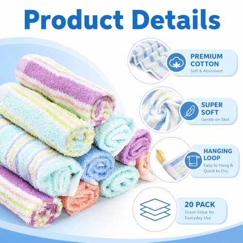20-Pack Cotton Washcloths, 10x10 Inch Soft Reusable Face Towels