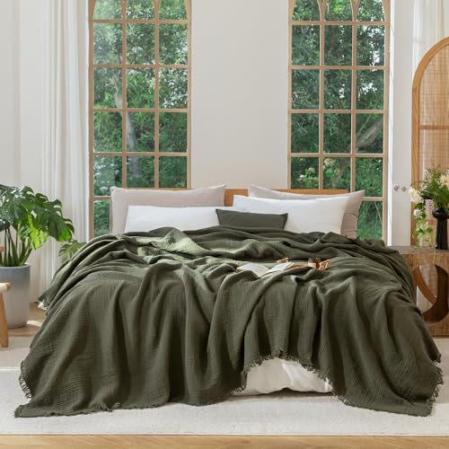 100% Cotton Muslin Blanket - Soft Lightweight 4-Layer Throw, Olive Green, 108" x 98"