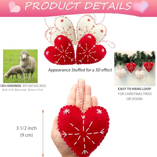 Meygajoe Felt Heart Ornaments 4pcs - Handmade Red & White Holiday Decorations