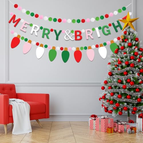 3-Piece Christmas Felt Garland Set with Pompoms, Lights & 'Merry & Bright' Banner