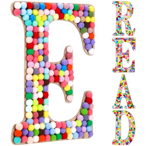 4-Piece Wooden READ Wall Sign with Pom Pom Accents for Reading Corners