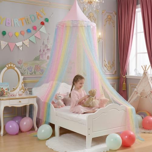 Rainbow Bed Canopy for Girls - Glitter Star & Moon Princess Bed Curtain