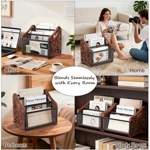 3-Compartment Wood and Metal Magazine Rack Floor Organizer with Handles
