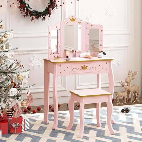 Kids Princess Vanity Table and Chair Set with Tri-Fold Mirror and Drawer