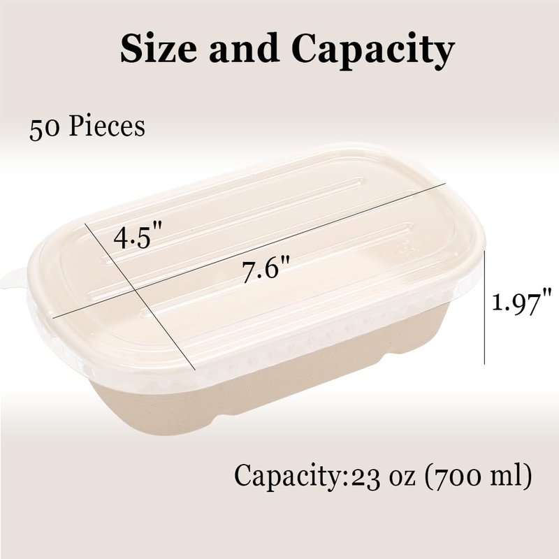 Aksipo 50 Pack 23 Oz Disposable Meal Prep Containers with Lids, Rectangle Paper Bowls with Lids for Salad,Leftovers, Leak-proof To Go Food Box Cardboard Lunch Box Compostable Take Out Food Containers