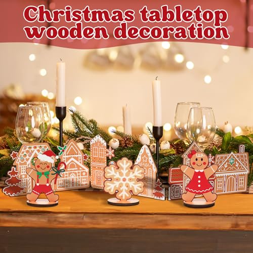 Threehoney 32 Inch Wooden Gingerbread House Christmas Village - Farmhouse Tabletop Decor with Man & Snowflake Signs