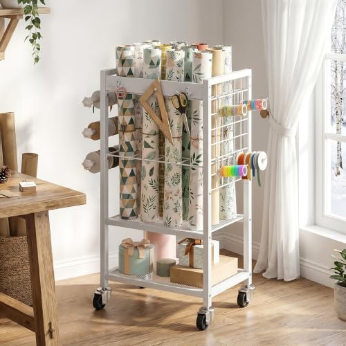 Rolling Wrapping Paper Storage Cart with Wheels and Ribbon Holder