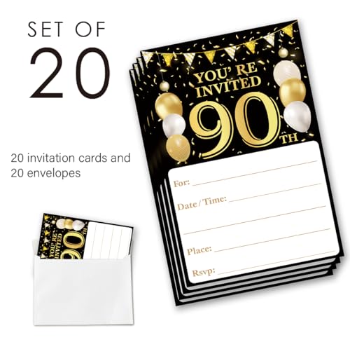 90th Birthday Party Invitations - Black and Gold 1936 Design (20 Pack)