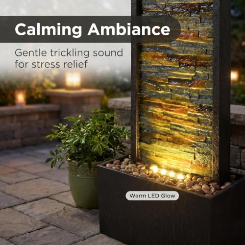 38-Inch Stone Wall Water Fountain with LED Lights for Indoor and Outdoor