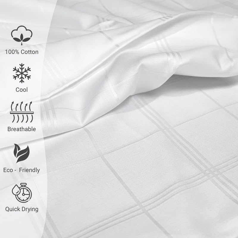 Pizuna Cotton Sheets King Size, 300 Thread Count Long Staple Cotton Soft Sateen with 15" Deep Pocket (Combed Checks Luxury White)