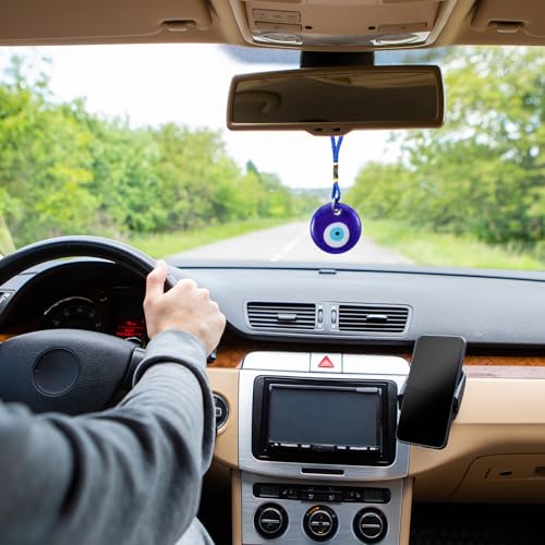 Blue Evil Eye Glass Pendant Car Charm - Turkish Amulet for Good Luck & Protection (Round)