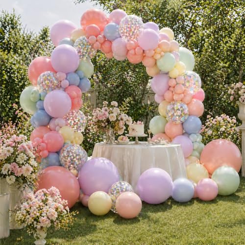 KAINSY Macaron Pastel Balloons 60pcs – 12in Latex Party Pack with Confetti