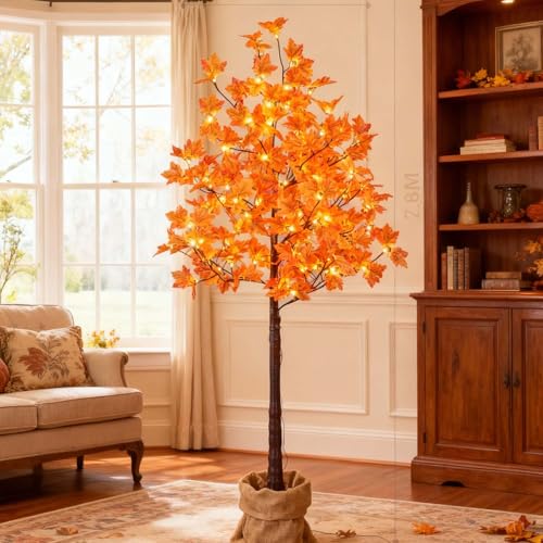 6ft Artificial Lighted Maple Tree - 120 LED Warm White Fall Decor, Indoor & Outdoor