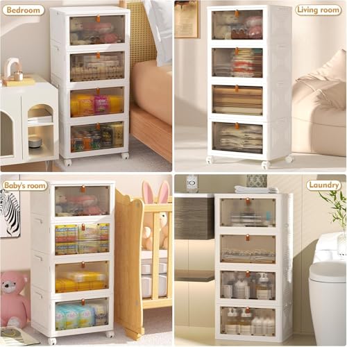 4-Tier Plastic Storage Bins with Lids and Wheels Stackable Folding Box