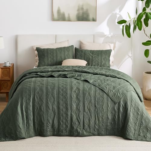 Bedsure 100% Cotton King Quilt Set - Olive Green Lightweight Coverlet