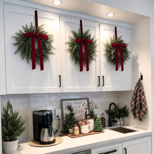 Suncalla 6-Pack 9-Inch Christmas Wreaths with Red Ribbon - Holiday Decor