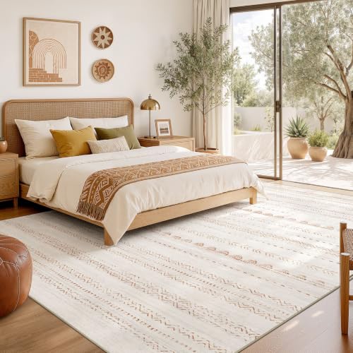 5x7 Boho Moroccan Area Rug - Machine Washable Non-Slip Carpet (Beige/Brown)