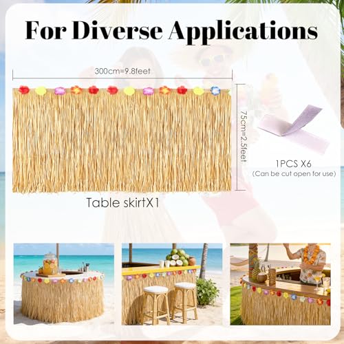 Tropical Luau Grass Table Skirt with Hibiscus Flowers - 9.8ft Waterproof