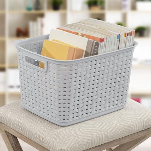 Rectangular Plastic Weave Storage Baskets, Gray, 6 Pack