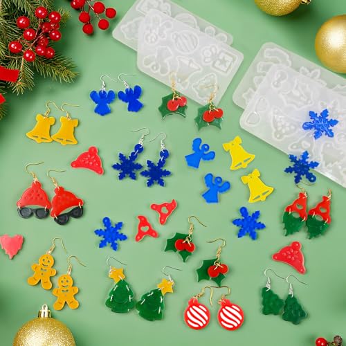 ZQYSING 68 Pcs Christmas Resin Earring Molds Kit with Hooks & Rings – Includes Snowflake, Gingerbread, Bell, Tree