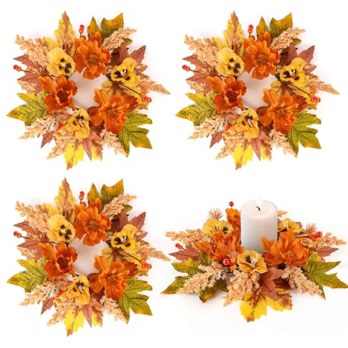 4-Piece Mini Fall Floral Candle Rings with Berries for Autumn Table Decor