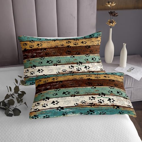 Queen Size Dog Paw Print Quilted Bedspread Set - Farmhouse Plank Coverlet