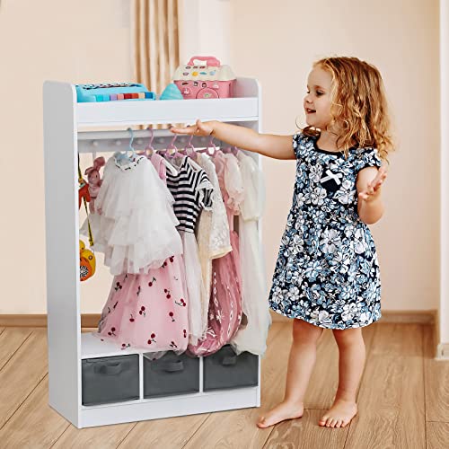 Kids Dress-Up Storage Wardrobe with Mirror and 3 Drawers, White