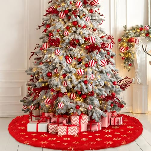 48in Red Faux Fur Christmas Tree Skirt with Gold Sequin Snowflakes