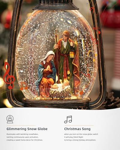 EDDORUNNING 12.6 Inch Nativity Snow Globe Lantern with Jesus - Silent Night Music, 6-Hour Timer