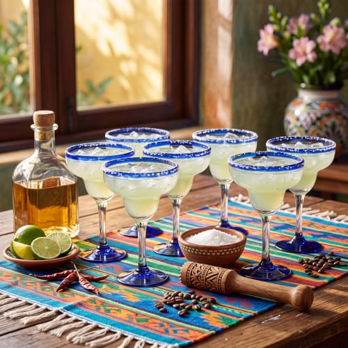 Vesici 6-Pack Hand-Blown Mexican Margarita Glasses 16oz with Cobalt Blue Rim